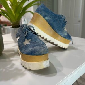 Pinky Blue Denim Platform Shoes with Gold Accents